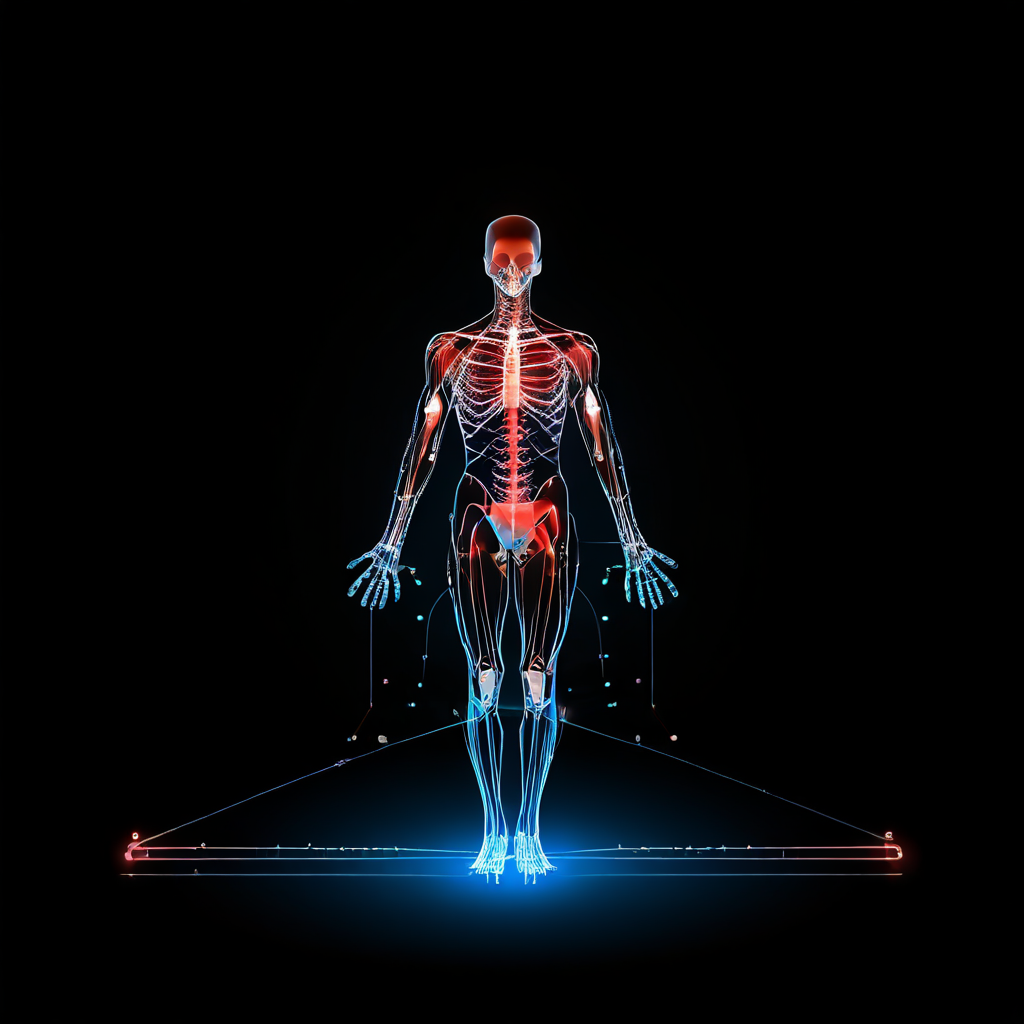교정된 자세에서 균형 잡힌 골격 정렬과 회복된 생체역학적 에너지 흐름을 빛나는 선으로 시각화한 인체 해부학 및 바이오메커닉스 개념 설명 이미지입니다.