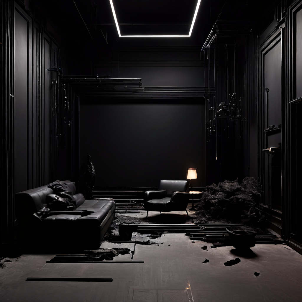 공간을 잠식하는 검은 무(無)의 영역이 벽과 가구에서 확장되며 주변을 지워나가는 초현실적이고 공포 분위기의 실내 공간을 묘사한 이미지입니다.