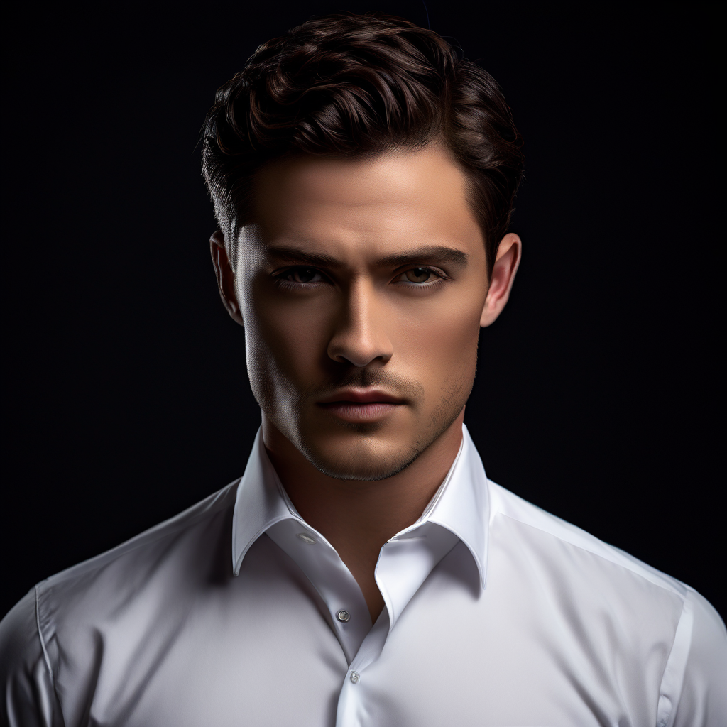 정장을 차려입은 남성이 단정한 흰색 드레스 셔츠를 입고 있으며, 소매나 칼라 부분에서 은밀하게 드러난 날카로운 칼날 같은 물건이 위협적인 분위기를 자아내는 모습을 담은 이미지입니다.