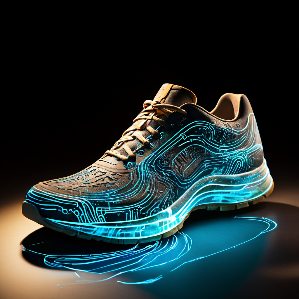 마모된 신발 밑창에 지형도 패턴이 새겨져 있으며, 디지털 생체역학 데이터가 발자국에서 흐르는 모습을 담은 두 번째 이미지입니다.