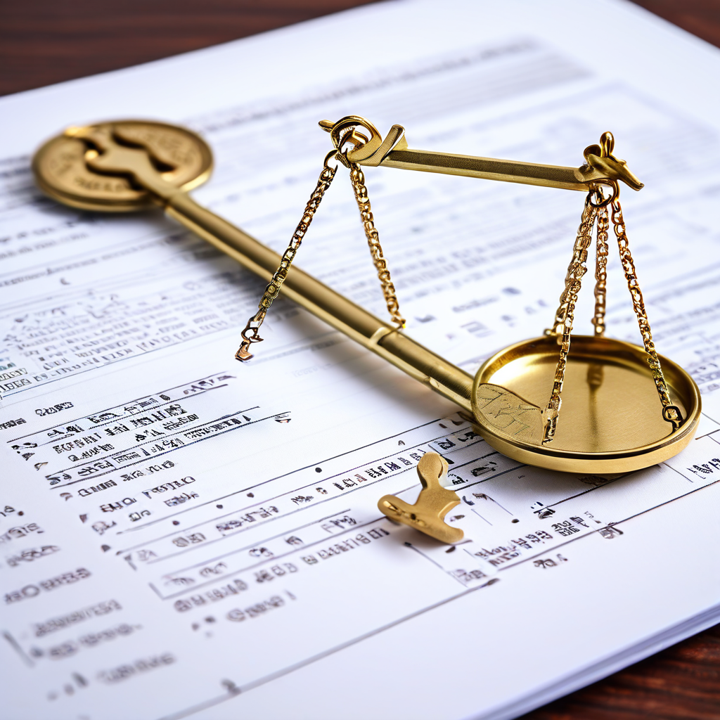 프리미엄 서비스와 표준 서비스의 선택지를 상징하는 금 열쇠와 은 열쇠가 법률 문서 배경 위의 저울에 올려져 있으며, 점선으로 구분된 이미지입니다.