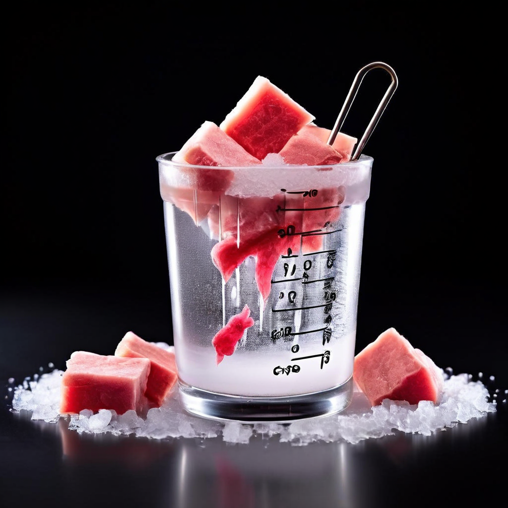 설탕 용액에 담긴 냉동 고기가 녹는 과정을 보여주는 과학 도식으로, 설탕이 어는점을 낮추는 원리를 화살표로 설명합니다.