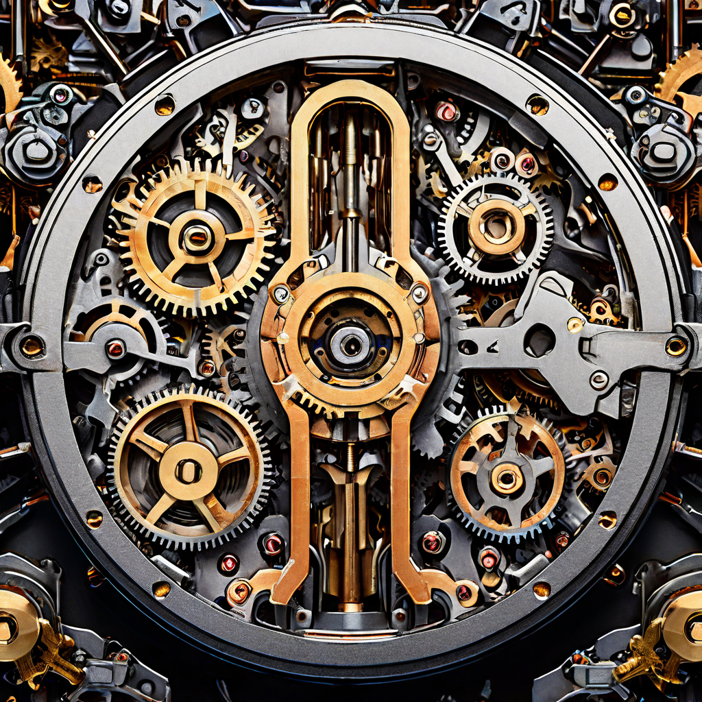 자물쇠의 정교한 내부 구조를 보여주는 단면도로, 보안 장치의 핵심 부품인 톱니바퀴, 핀, 스프링이 정밀하게 맞물려 있는 모습을 상세하게 확인할 수 있습니다.