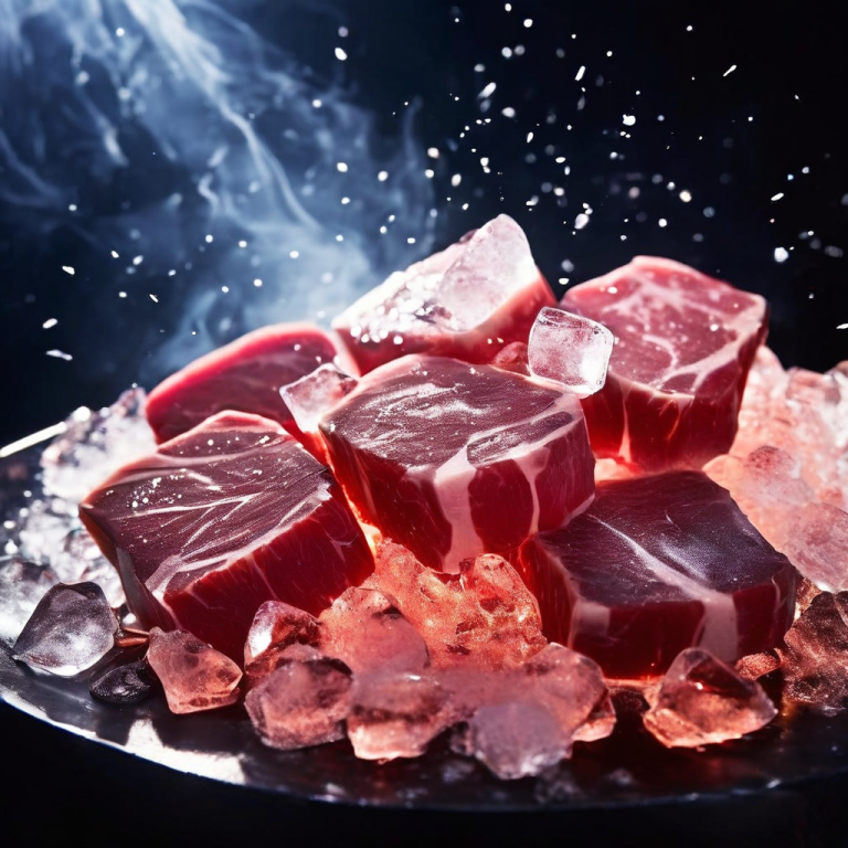 안전한 해동 과정을 강조하며 얼음 결정이 빠르게 깨지며 녹아내리는 고속 근접 촬영의 냉동 고기 해동 이미지입니다.
