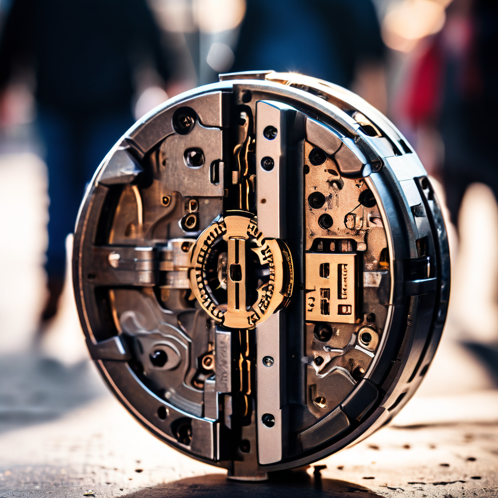 고장 난 견고한 번호 자물쇠의 내부 메커니즘이 선명하게 보이고, 주변을 지나가는 사람들의 흐릿한 실루엣은 이를 알아채지 못한 채 무심결에 지나가는 모습을 담은 이미지입니다.