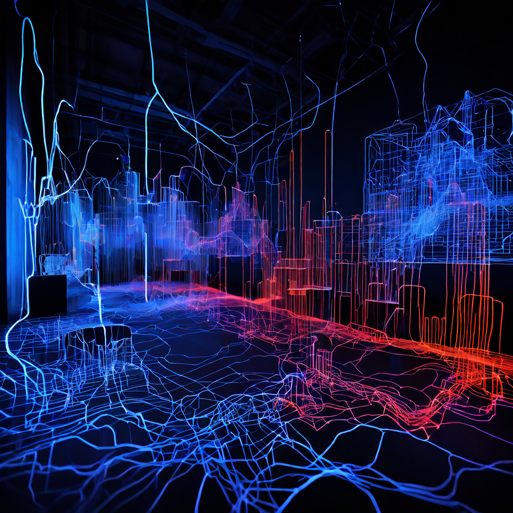 고장난 화상 통화 인터페이스에서 뒤엉키고 왜곡된 오디오 파형이 복잡한 네트워크 다이어그램의 연결 실패를 시각적으로 표현한 이미지입니다.