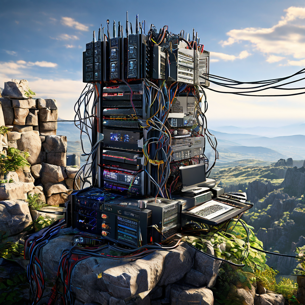 요새처럼 단단한 석조 성벽 위에 놓인 맞춤형 컴퓨터 본체가 정리된 케이블과 함께 아래의 혼란스러운 디지털 풍경을 내려다보고 있는 모습을 클로즈업한 이미지입니다.